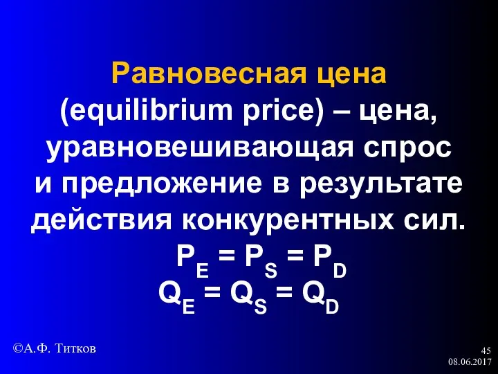 08.06.2017 Равновесная цена (equilibrium price) – цена, уравновешивающая спрос и предложение