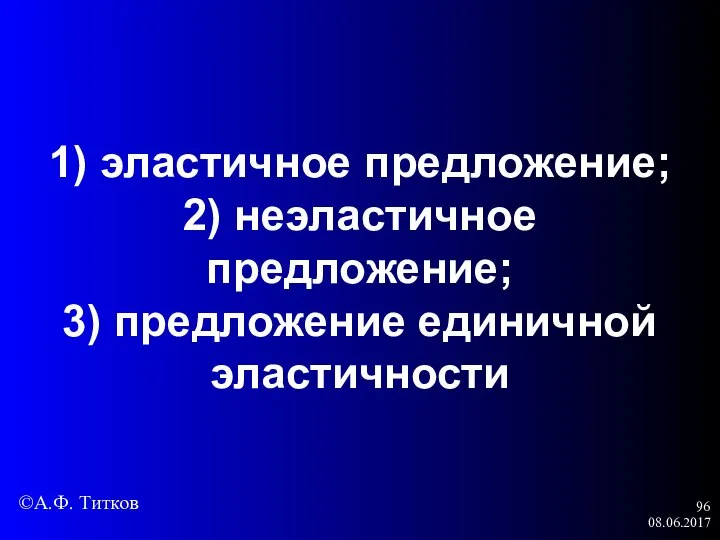 08.06.2017 1) эластичное предложение; 2) неэластичное предложение; 3) предложение единичной эластичности ©А.Ф. Титков