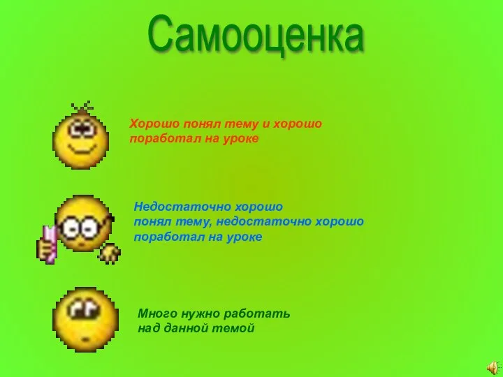 Самооценка Хорошо понял тему и хорошо поработал на уроке Недостаточно хорошо