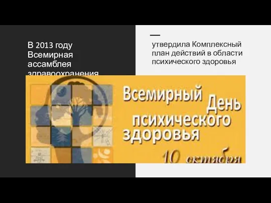 В 2013 году Всемирная ассамблея здравоохранения утвердила Комплексный план действий в области психического здоровья