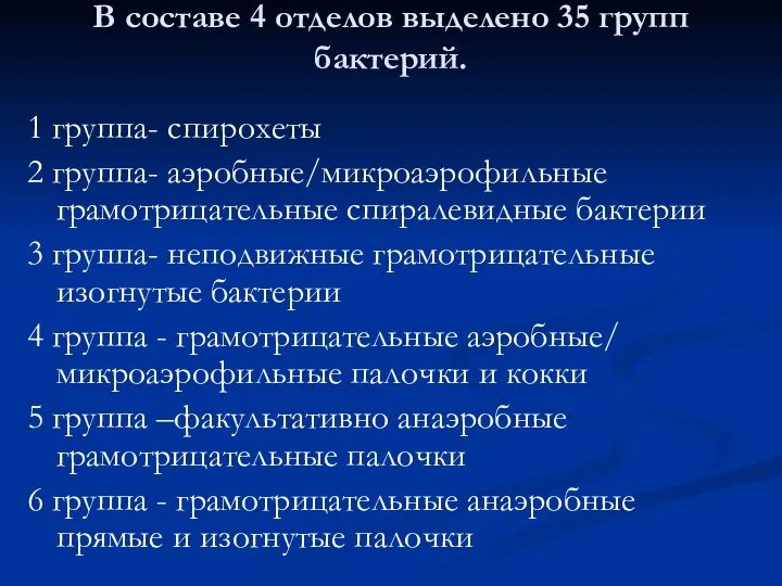 В составе 4 отделов выделено 35 групп бактерий. 1 группа- спирохеты