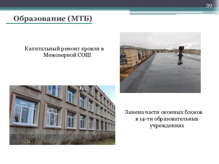 Образование (МТБ) Замена части оконных блоков в 14-ти образовательных учреждениях Капитальный ремонт кровли в Межозерной СОШ