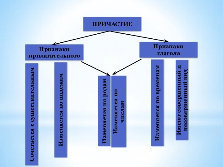ПРИЧАСТИЕ Признаки прилагательного Признаки глагола Изменяется по падежам Изменяется по числам