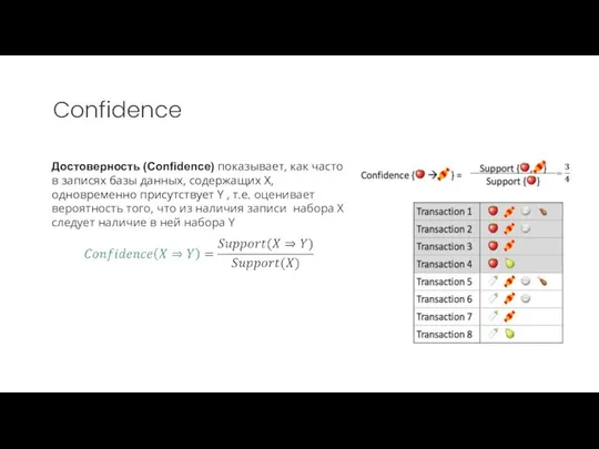 Confidence Достоверность (Confidence) показывает, как часто в записях базы данных, содержащих
