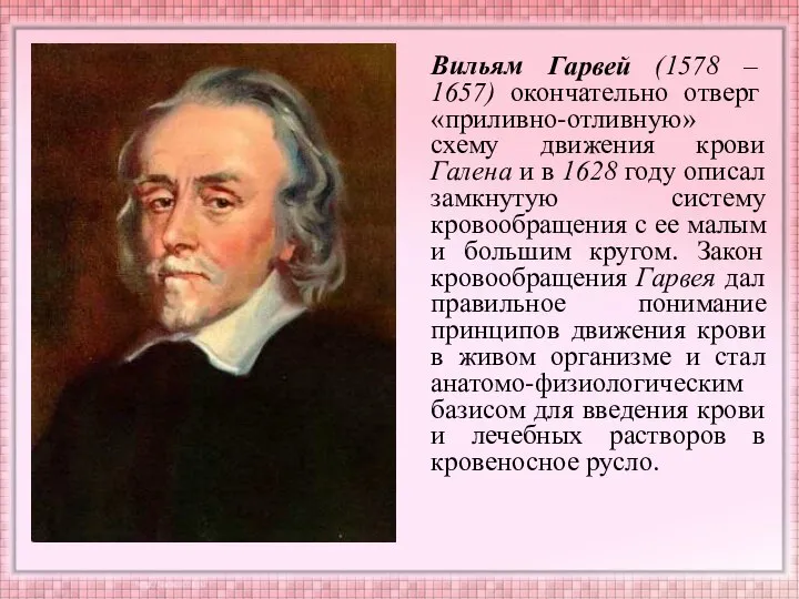 Вильям Гарвей (1578 – 1657) окончательно отверг «приливно-отливную» схему движения крови