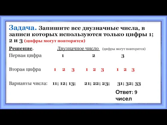 Задача. Запишите все двузначные числа, в записи которых используются только цифры