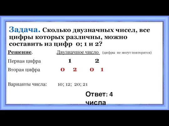 Задача. Сколько двузначных чисел, все цифры которых различны, можно составить из