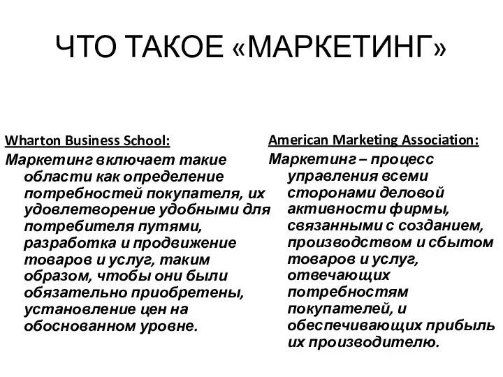 ЧТО ТАКОЕ «МАРКЕТИНГ» Wharton Business School: Маркетинг включает такие области как