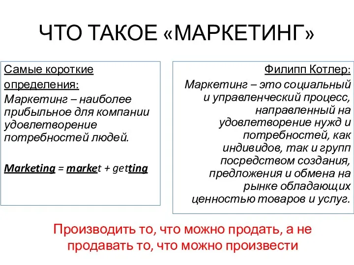 ЧТО ТАКОЕ «МАРКЕТИНГ» Самые короткие определения: Маркетинг – наиболее прибыльное для