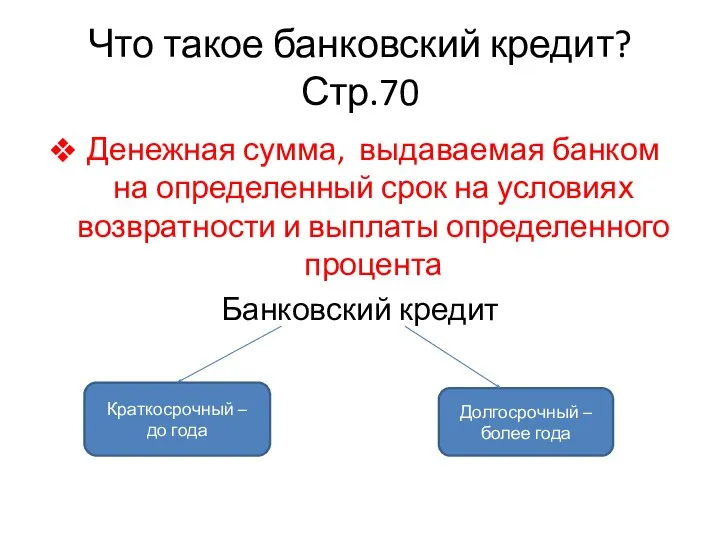 Что такое банковский кредит? Стр.70 Денежная сумма, выдаваемая банком на определенный