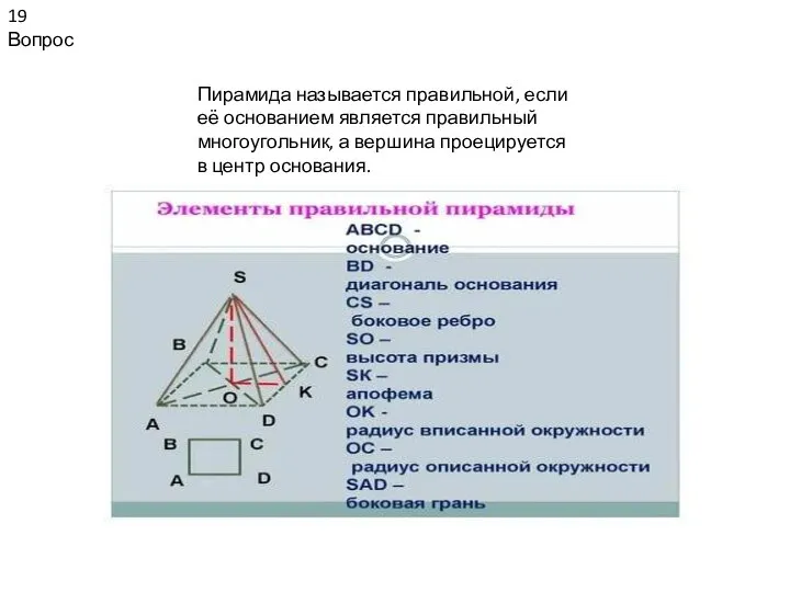 19 Вопрос Пирамида называется правильной, если её основанием является правильный многоугольник,