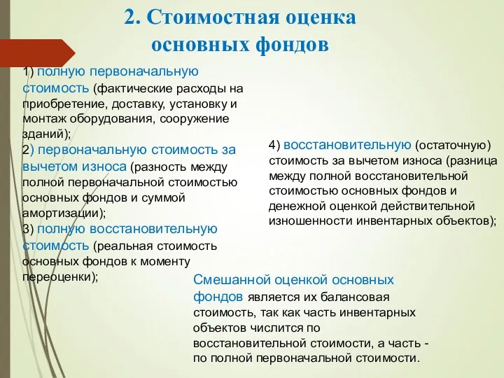 2. Стоимостная оценка основных фондов 1) полную первоначальную стоимость (фактические расходы