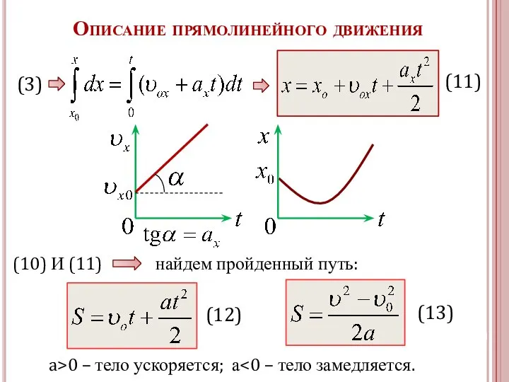 Описание прямолинейного движения (3) (11) (10) И (11) найдем пройденный путь: