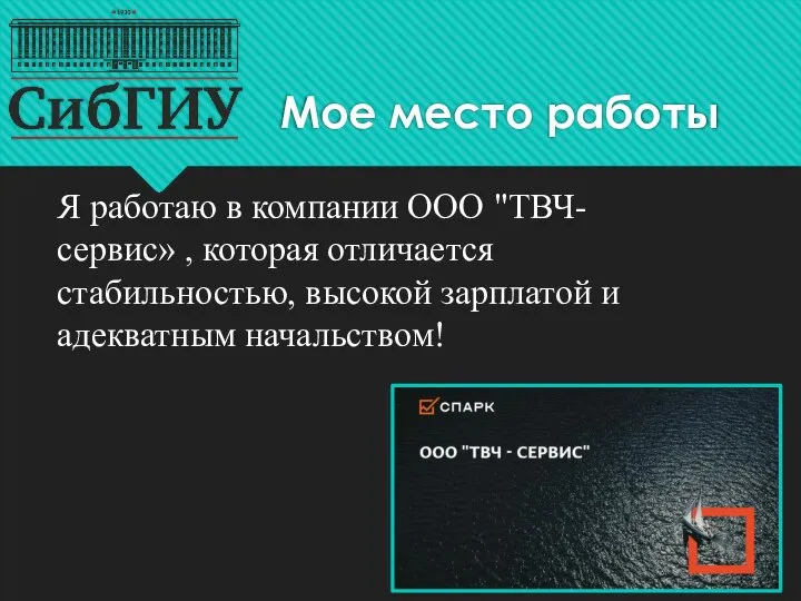 Мое место работы Я работаю в компании ООО "ТВЧ-сервис» , которая