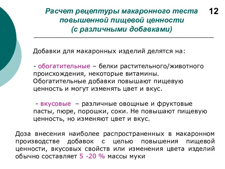 Расчет рецептуры макаронного теста повышенной пищевой ценности (с различными добавками) Добавки