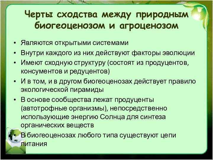 Черты сходства между природным биогеоценозом и агроценозом Являются открытыми системами Внутри