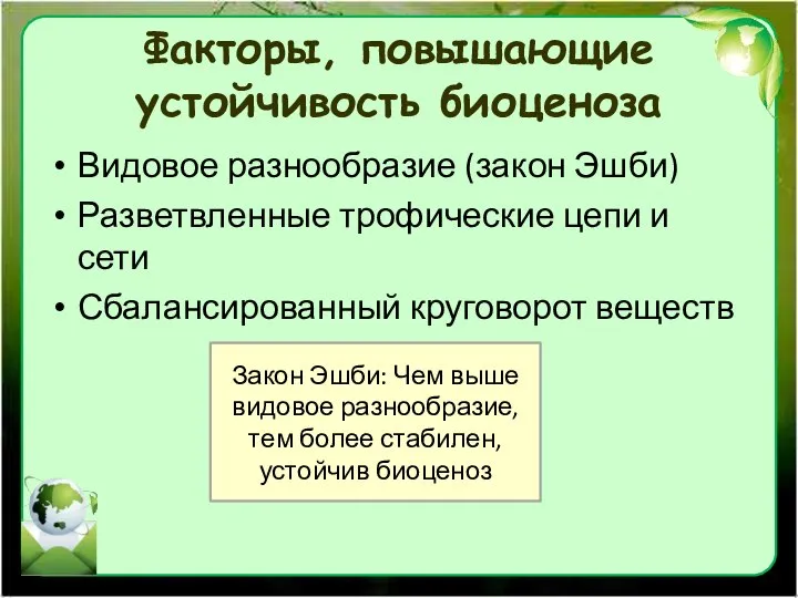 Факторы, повышающие устойчивость биоценоза Видовое разнообразие (закон Эшби) Разветвленные трофические цепи