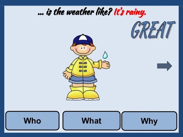 … is the weather like? It’s rainy. Why What Who GREAT