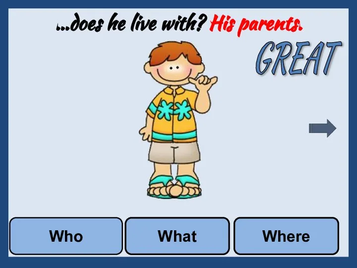 …does he live with? His parents. What Who Where GREAT