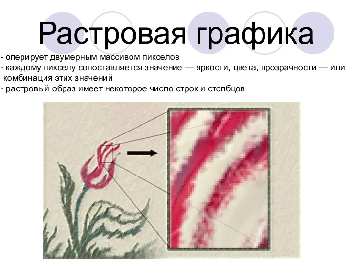 Растровая графика оперирует двумерным массивом пикселов каждому пикселу сопоставляется значение —