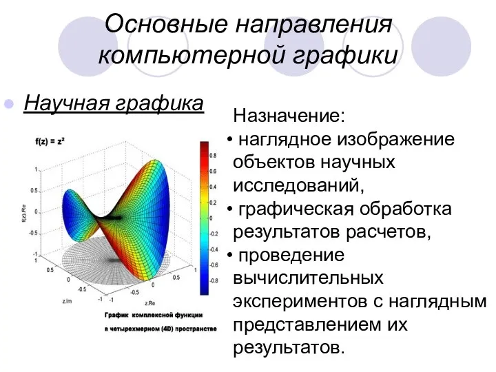 Основные направления компьютерной графики Научная графика Назначение: наглядное изображение объектов научных