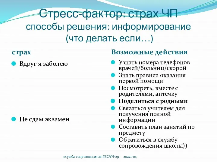 Стресс-фактор: страх ЧП способы решения: информирование (что делать если…) страх Возможные