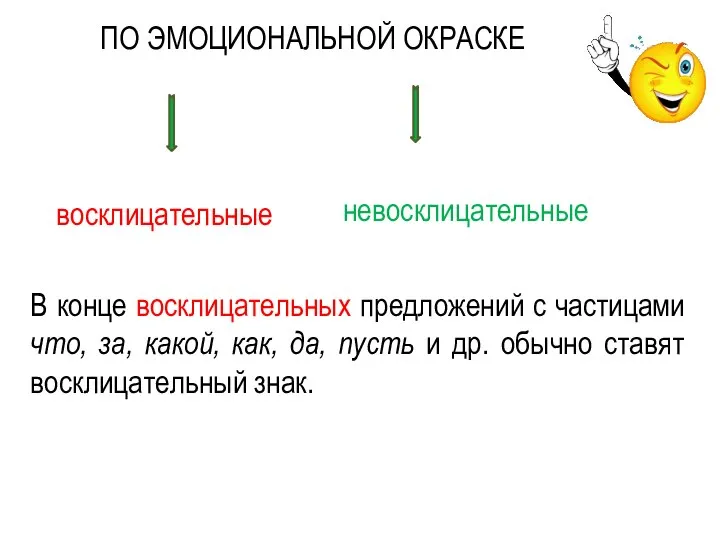 ПО ЭМОЦИОНАЛЬНОЙ ОКРАСКЕ восклицательные невосклицательные В конце восклицательных предложений с частицами