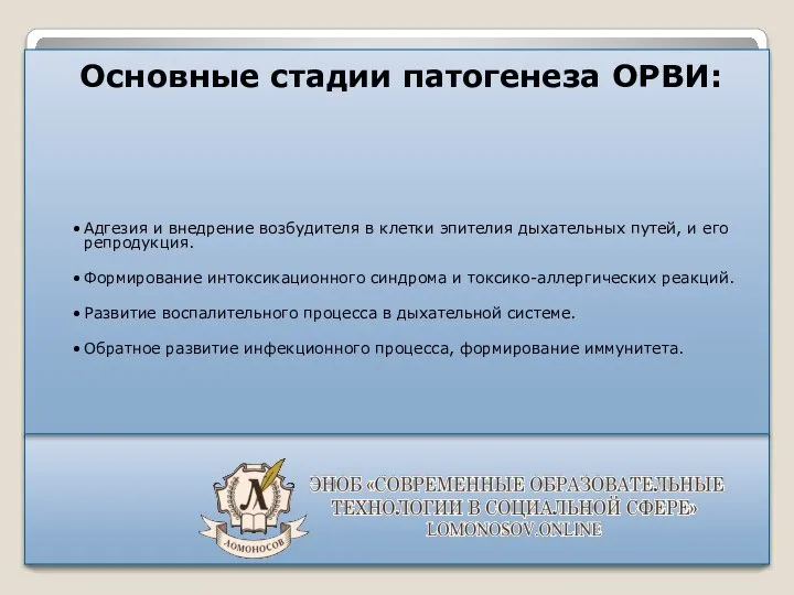 Основные стадии патогенеза ОРВИ: Адгезия и внедрение возбудителя в клетки эпителия