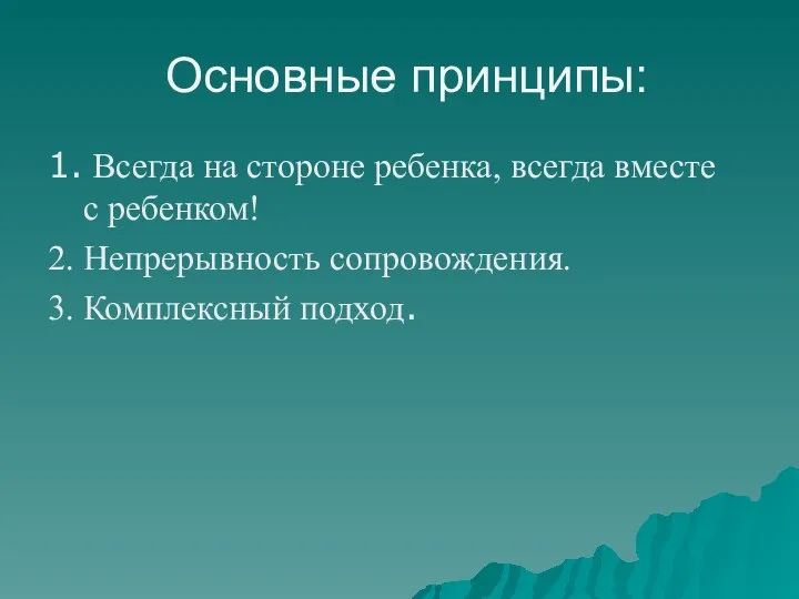 Основные принципы: 1. Всегда на стороне ребенка, всегда вместе с ребенком!