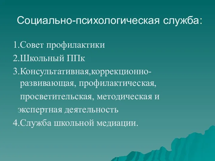 Социально-психологическая служба: 1.Совет профилактики 2.Школьный ППк 3.Консультативная,коррекционно- развивающая, профилактическая, просветительская, методическая