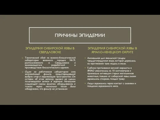 ЭПИДЕМИЯ СИБИРСКОЙ ЯЗВЫ В СВЕРДЛОВСКЕ Технический сбой на военно-биологической лаборатории военного