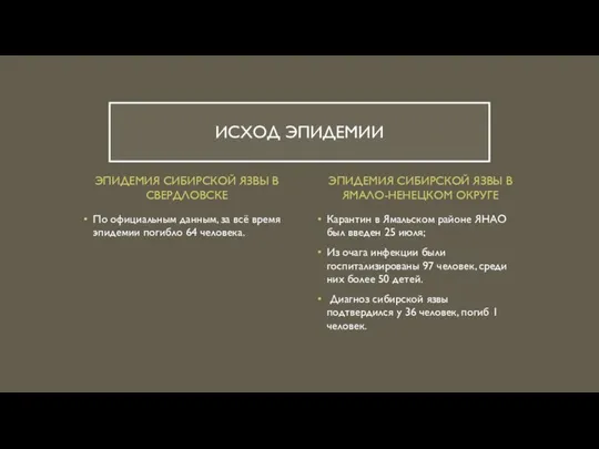 ЭПИДЕМИЯ СИБИРСКОЙ ЯЗВЫ В СВЕРДЛОВСКЕ По официальным данным, за всё время