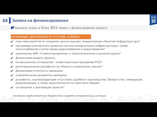 0 Заявка на финансирование Заемщик подает в Фонд ЖКХ заявку о