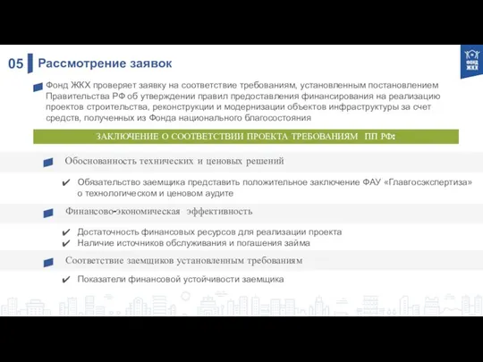 0 Рассмотрение заявок Фонд ЖКХ проверяет заявку на соответствие требованиям, установленным