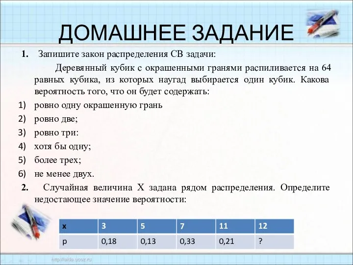 ДОМАШНЕЕ ЗАДАНИЕ 1. Запишите закон распределения СВ задачи: Деревянный кубик с