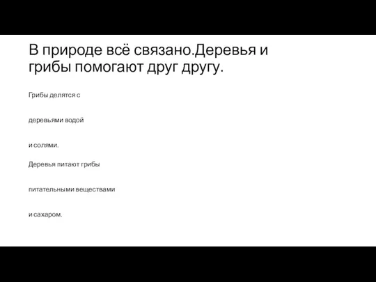 В природе всё связано.Деревья и грибы помогают друг другу. Грибы делятся