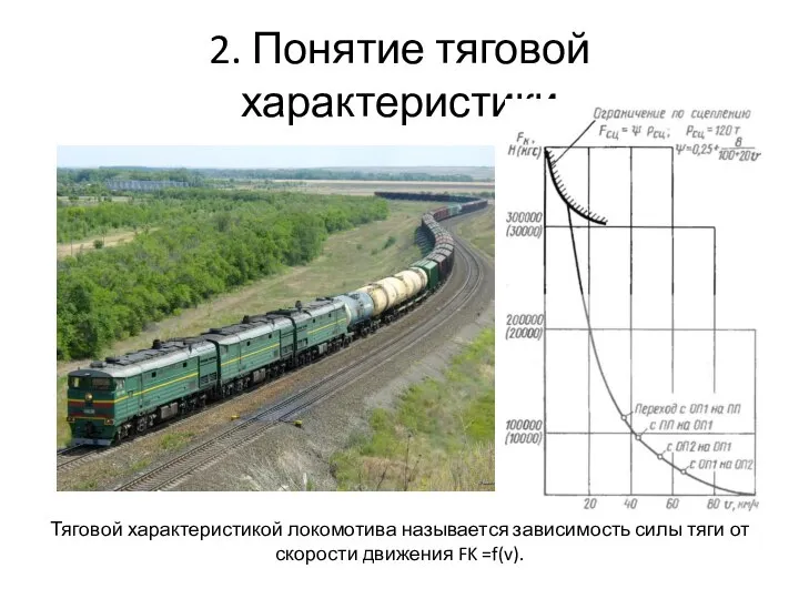 2. Понятие тяговой характеристики Тяговой характеристикой локомотива называется зависимость силы тяги от скорости движения FK =f(v).