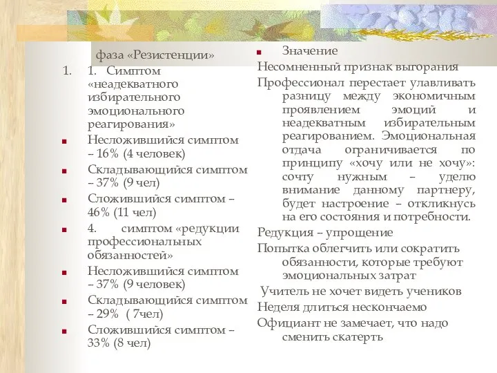 фаза «Резистенции» 1. 1. Симптом «неадекватного избирательного эмоционального реагирования» Несложившийся симптом