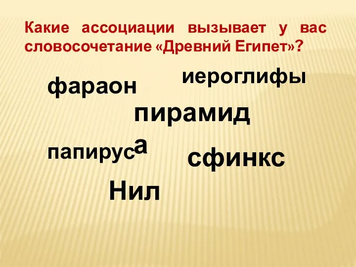 Какие ассоциации вызывает у вас словосочетание «Древний Египет»? фараон пирамида иероглифы папирус сфинкс Нил