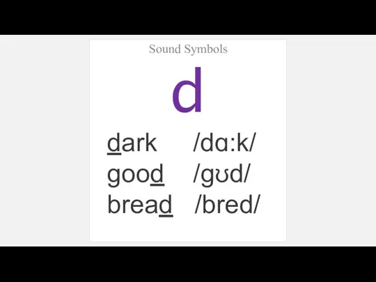 Sound Symbols d dark /dɑ:k/ good /gʊd/ bread /bred/