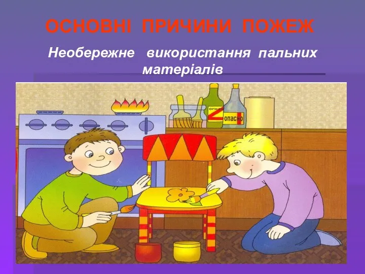 Необережне використання пальних матеріалів ОСНОВНІ ПРИЧИНИ ПОЖЕЖ