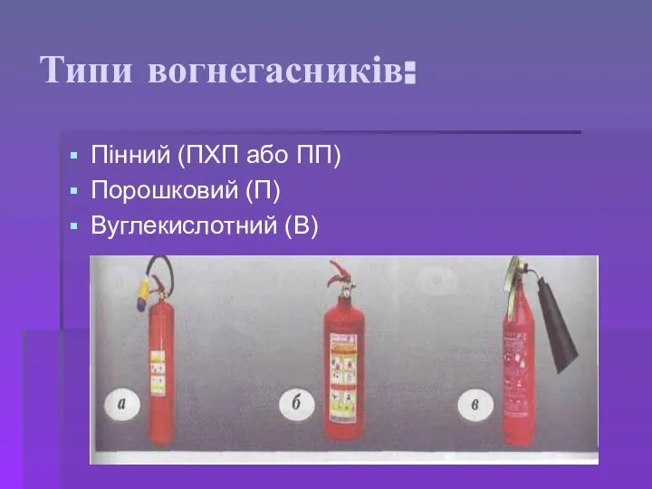 Типи вогнегасників: Пінний (ПХП або ПП) Порошковий (П) Вуглекислотний (В)