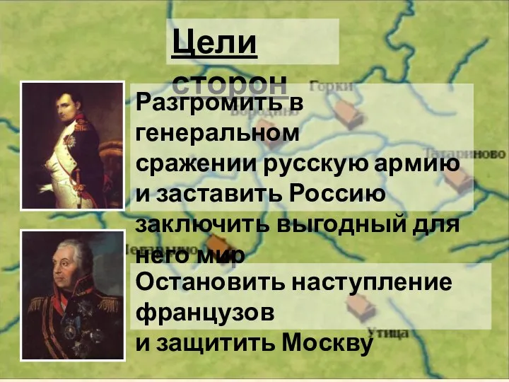 Цели сторон Разгромить в генеральном сражении русскую армию и заставить Россию