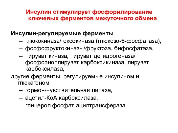 Инсулин стимулирует фосфорилирование ключевых ферментов межуточного обмена Инсулин-регулируемые ферменты глюкокиназа/гексокиназа (глюкозо-6-фосфатаза),