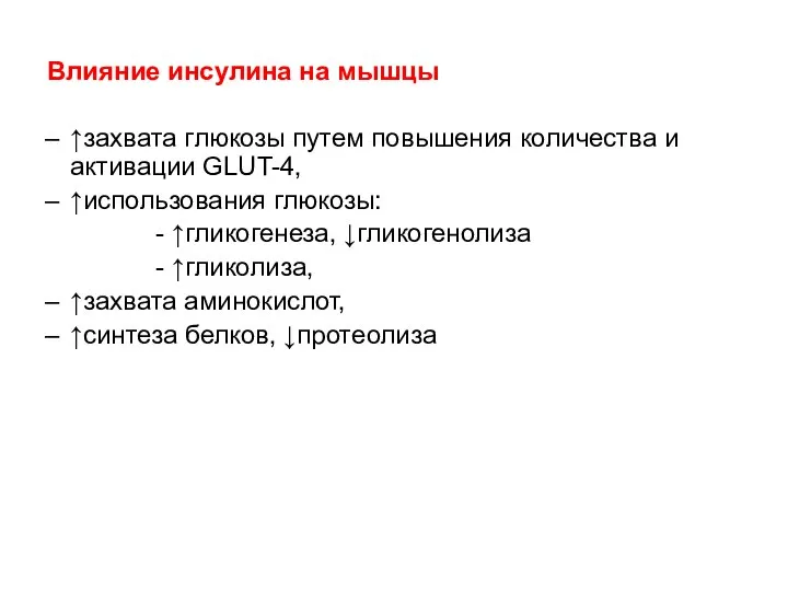 Влияние инсулина на мышцы ↑захвата глюкозы путем повышения количества и активации