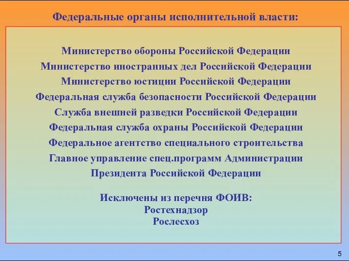 Федеральные органы исполнительной власти: Министерство обороны Российской Федерации Министерство иностранных дел