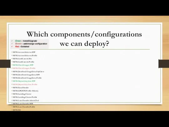 Which components/configurations we can deploy? MFM.AccountSelector.MW MFM.AccountSelector.Profile MFM.CardControl.Mw MFM.CardControl.Profile MFM.CheckImages.MW MFM.CheckImages.Profile