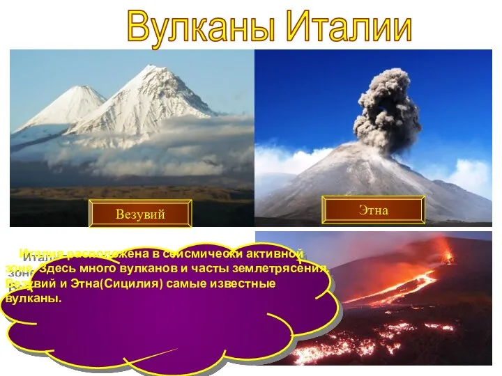 Вулканы Италии Италия расположена в сейсмически активной зоне. Здесь много вулканов