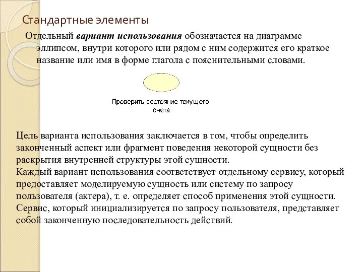 Стандартные элементы Отдельный вариант использования обозначается на диаграмме эллипсом, внутри которого