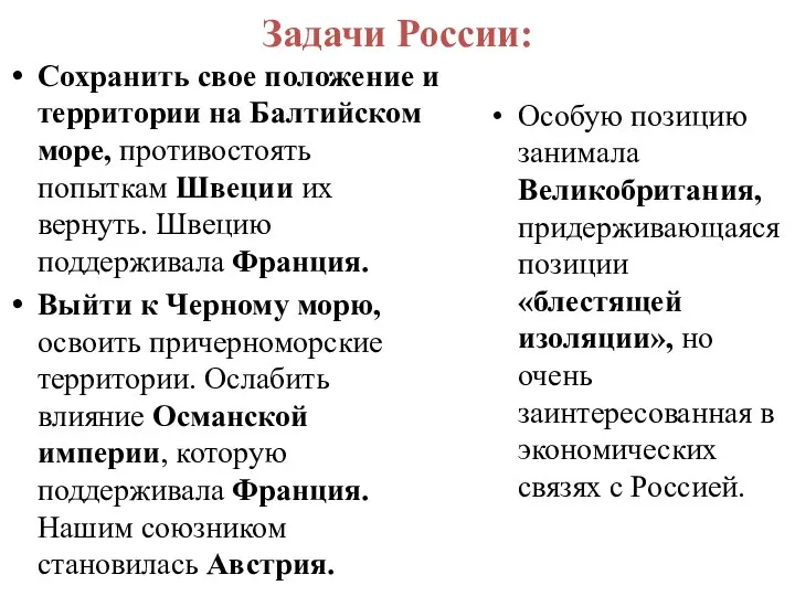 Задачи России: Сохранить свое положение и территории на Балтийском море, противостоять